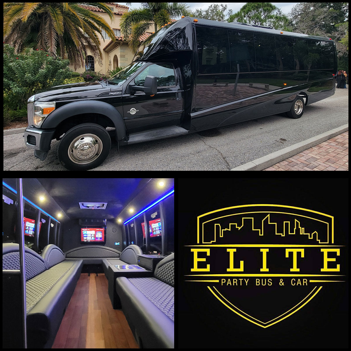Elite Black F550 Party Bus exterior and interior view